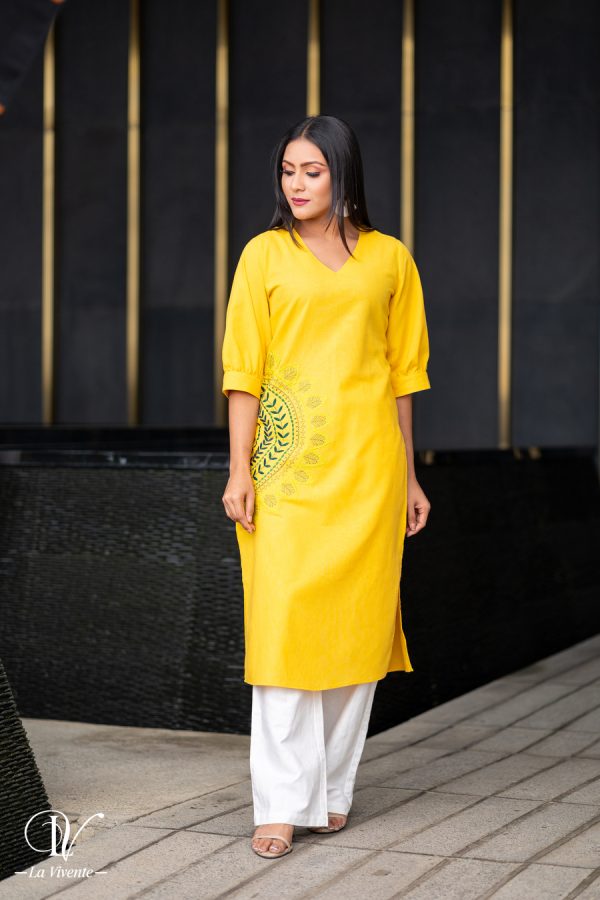 Embroidery Yellow  Kurtha - Image 5