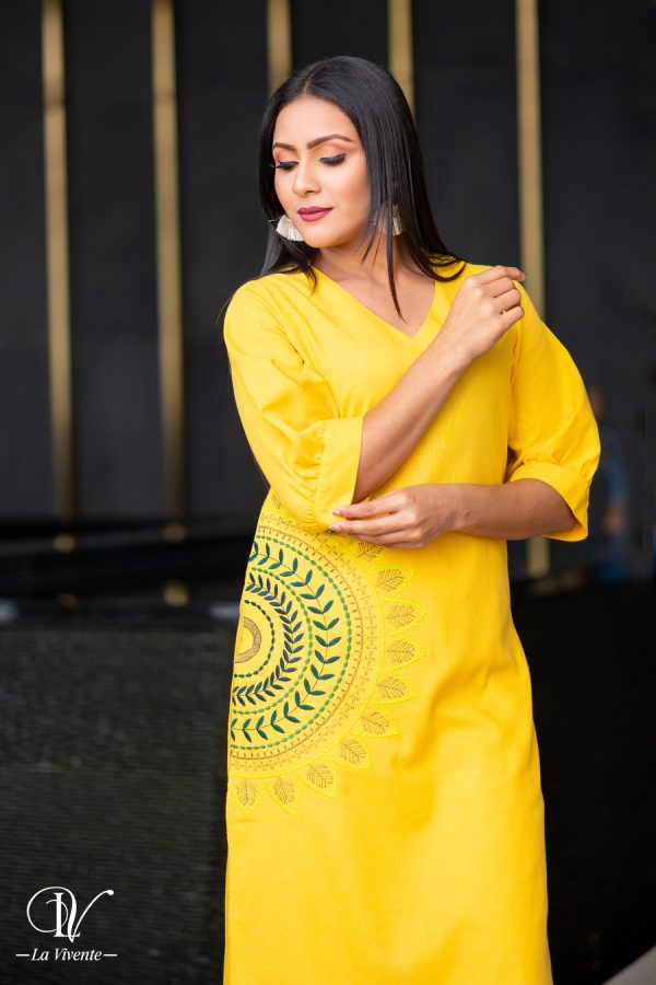 Embroidery Yellow  Kurtha - Image 3