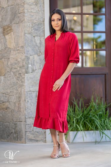 Button up Midi Dress With Frilled hem