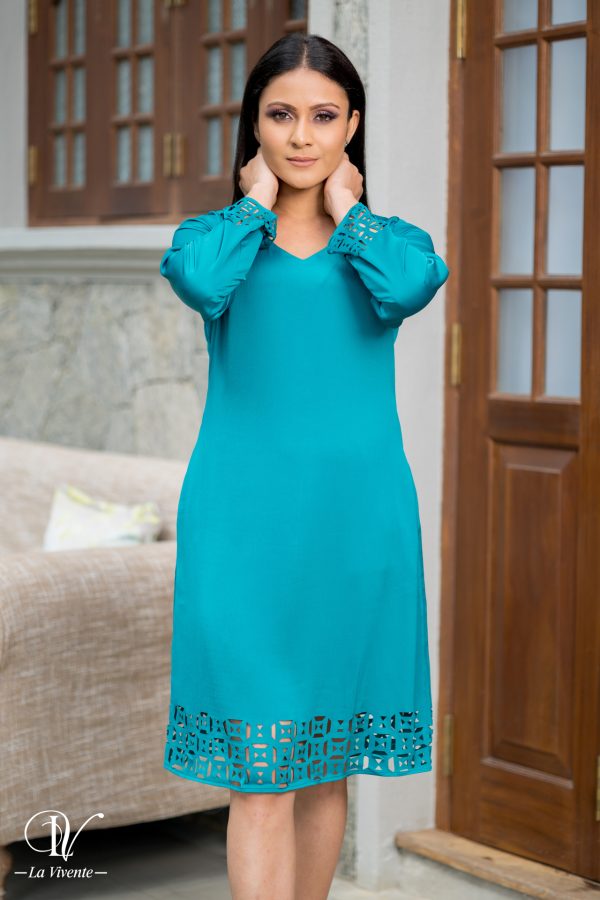 Long Sleeved Laser Cut Short Dress - Image 3