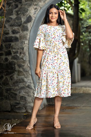 Floral Printed Ladder Tape Detailed Midi Dress