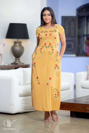 Square Necked Floral Embroidery Maxi Dress