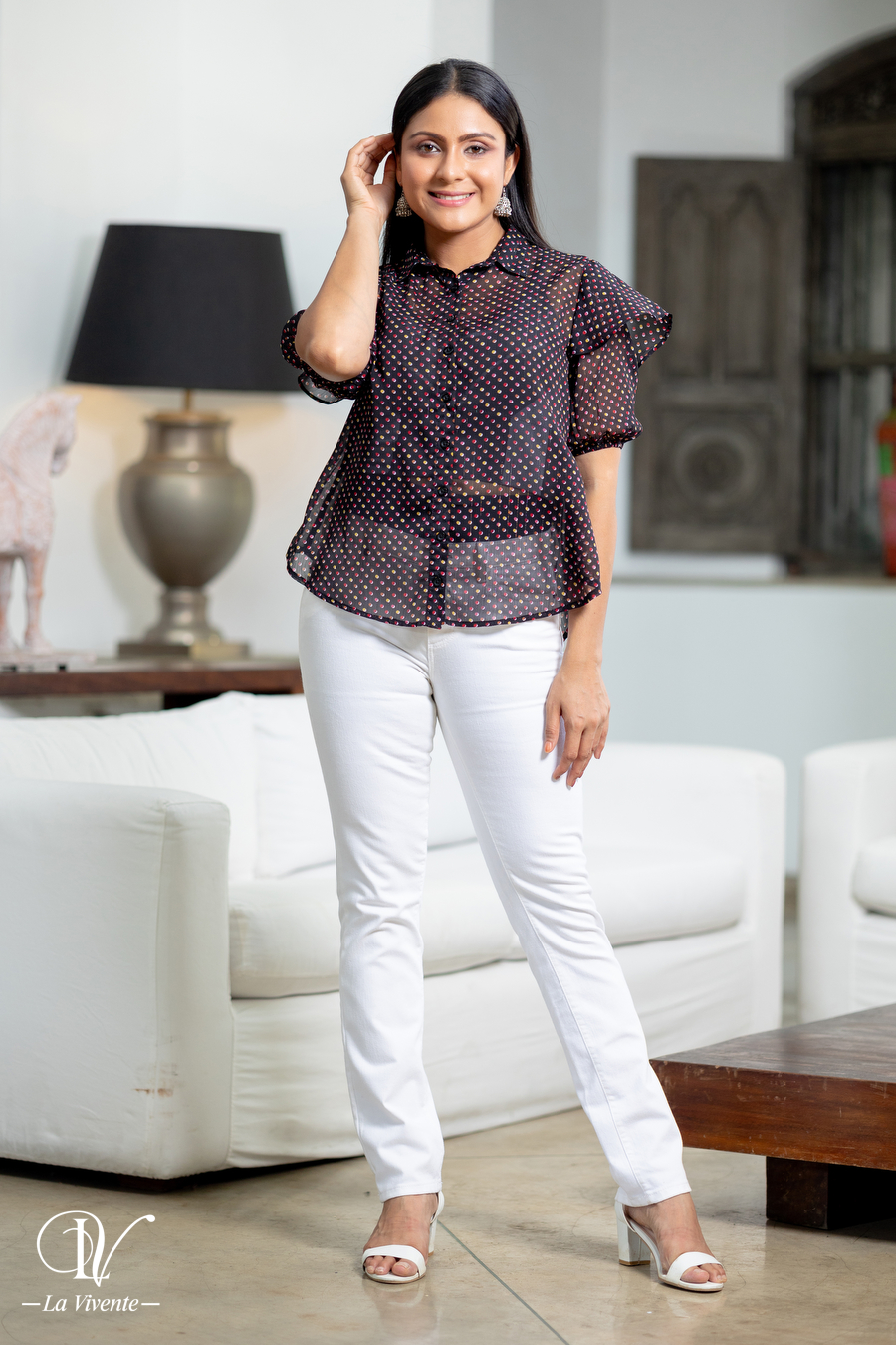 Dotted Frill Sleeved Shirt Top - Image 3