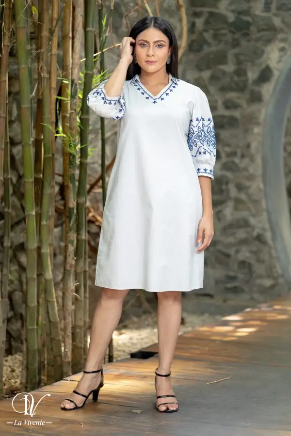 Shirt Collared Embroidered Short Dress