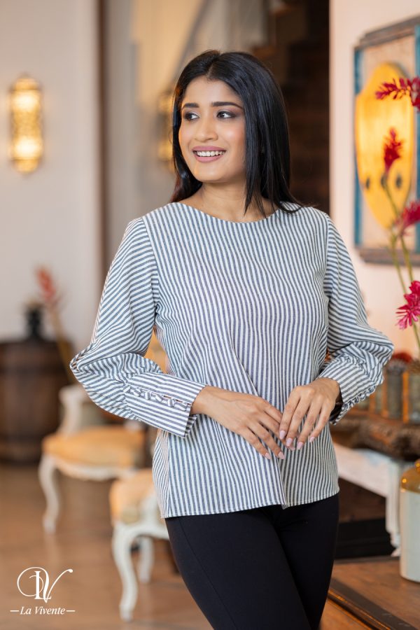 Striped Button Detailed Blouse Top - Image 3