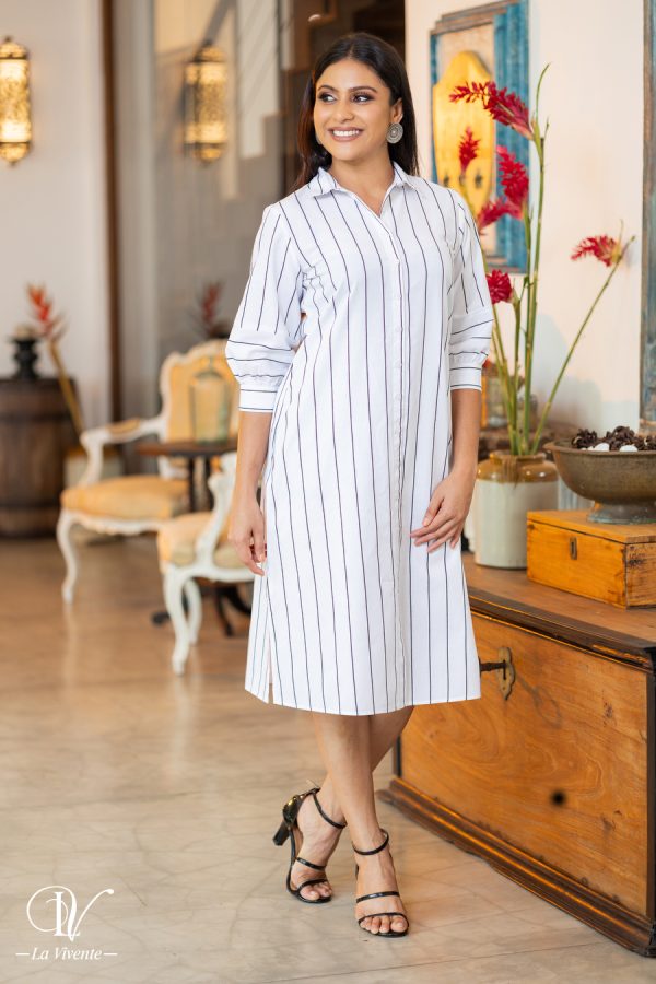 Striped Buttoned Cuff Shirt Dress - Image 5