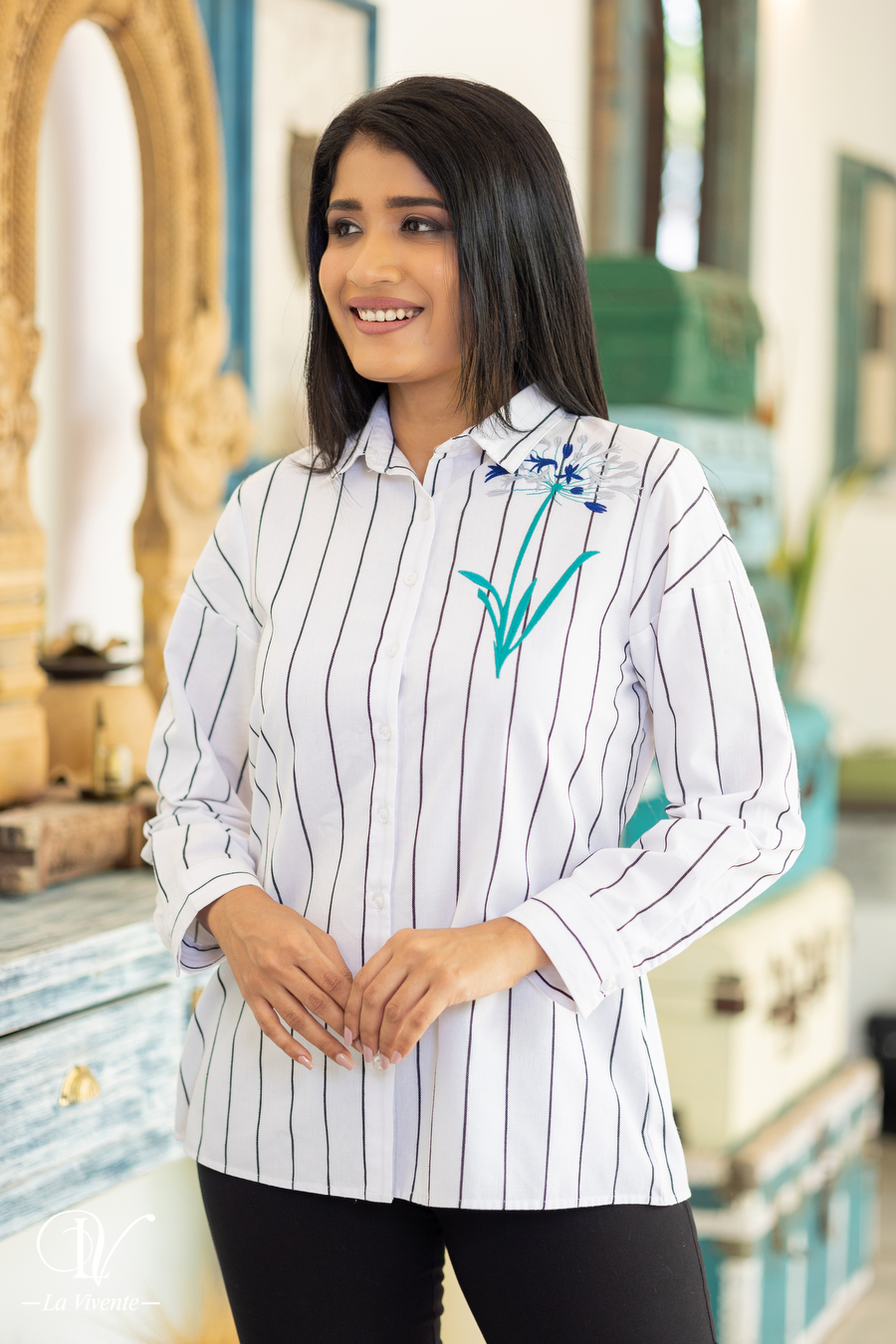 Striped Embroidery Shirt Blouse