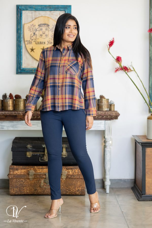 Button-Up Plaid Shirt Collared Top - Image 2