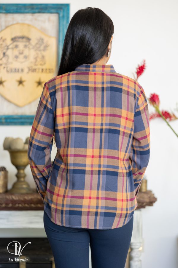 Button-Up Plaid Shirt Collared Top - Image 4
