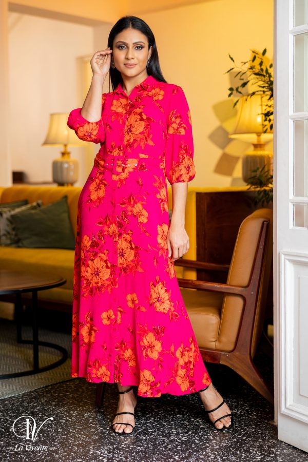 Floral Patterned Belted Maxi Shirt Dress - Image 4