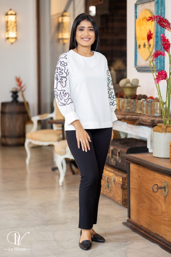 Sleeve Abstract Embroidered Round Neck Blouse - Image 6