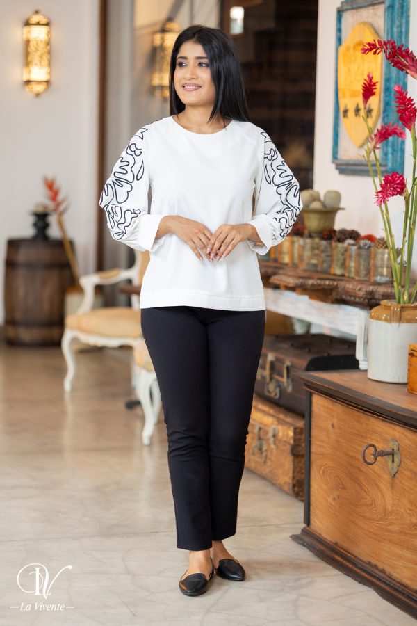Sleeve Abstract Embroidered Round Neck Blouse - Image 5