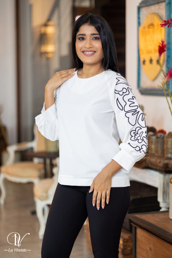 Sleeve Abstract Embroidered Round Neck Blouse - Image 3