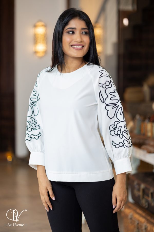 Sleeve Abstract Embroidered Round Neck Blouse - Image 4