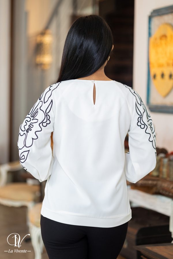 Sleeve Abstract Embroidered Round Neck Blouse - Image 2