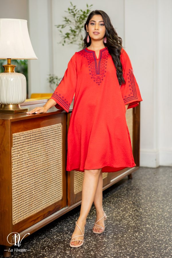 Geometric Embroidered Flare Sleeved Short Dress - Image 2