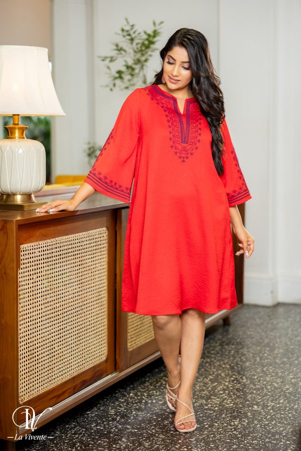 Geometric Embroidered Flare Sleeved Short Dress - Image 4