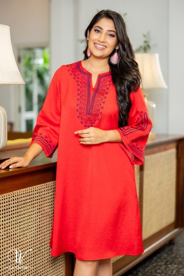 Geometric Embroidered Flare Sleeved Short Dress