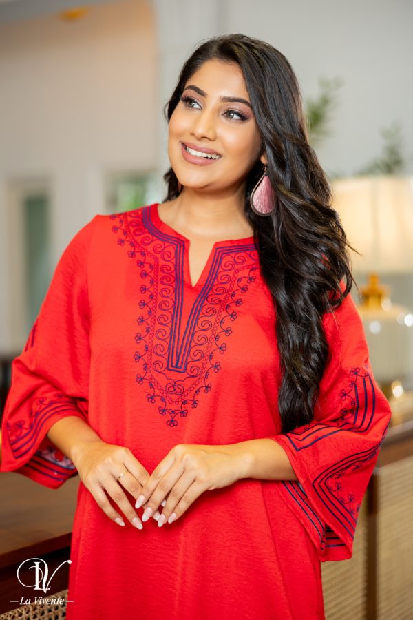 Geometric Embroidered Flare Sleeved Short Dress - Image 3