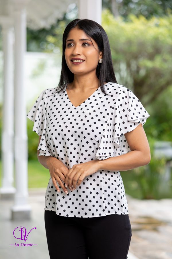 Frilled Sleeve V-neck Polka Dot Top - Image 4