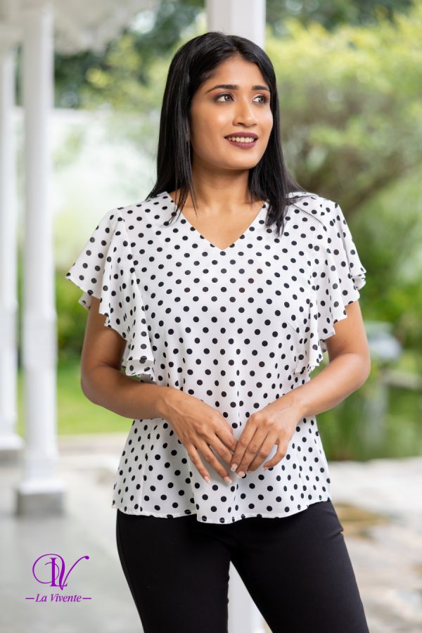 Frilled Sleeve V-neck Polka Dot Top - Image 3