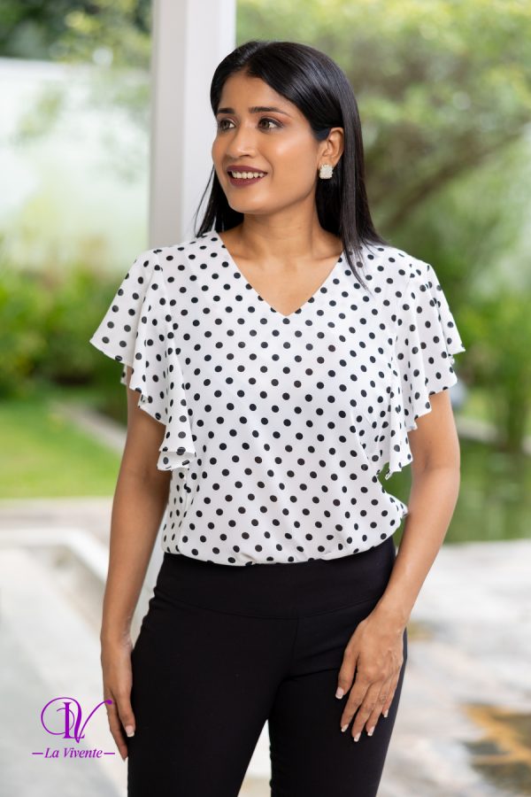 Frilled Sleeve V-neck Polka Dot Top - Image 2