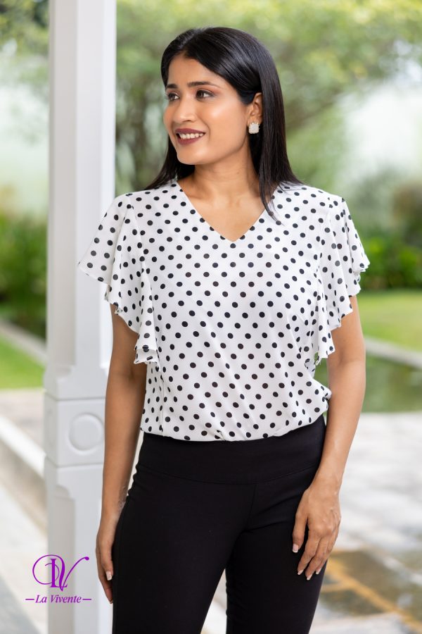 Frilled Sleeve V-neck Polka Dot Top