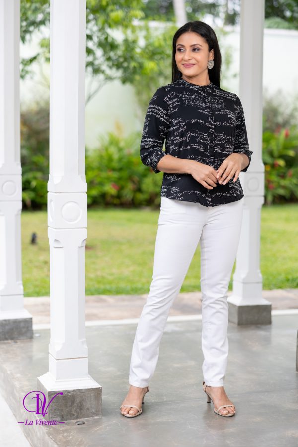 Calligraphy Patterned Chinese Collared Shirt Blouse - Image 3