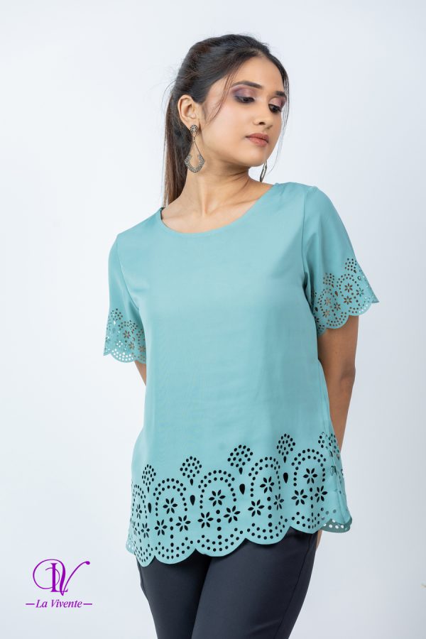 Round Necked Laser Cut Blouse - Image 2