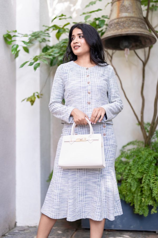 Tweed Blazer And Mermaid Skirt With Gold Button Detail