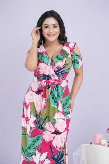 Floral Patterned Overlap Detailed Belted Maxi Dress