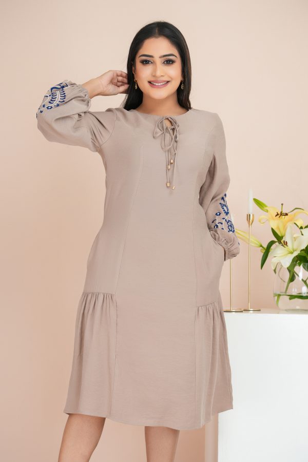 Sleeve Embroidered tie-up Neck Detailed Short Dress - Image 3