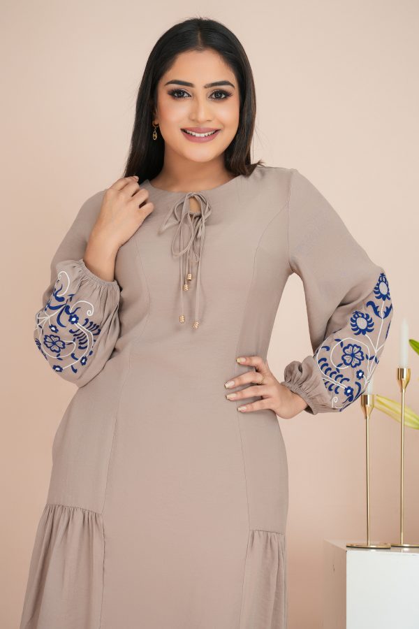 Sleeve Embroidered tie-up Neck Detailed Short Dress - Image 4