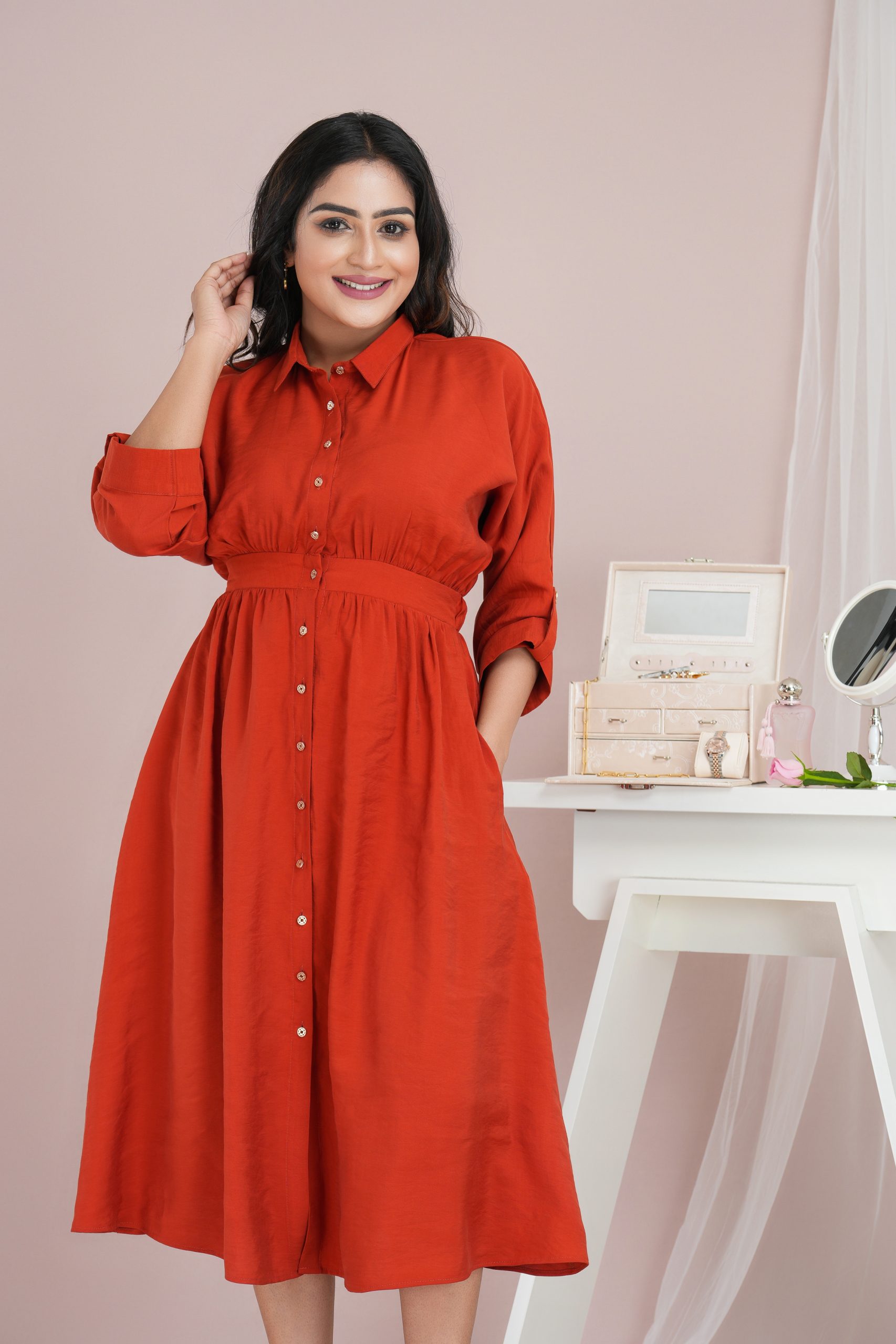 Back waist elasticated button up midi shirt dress - Image 2