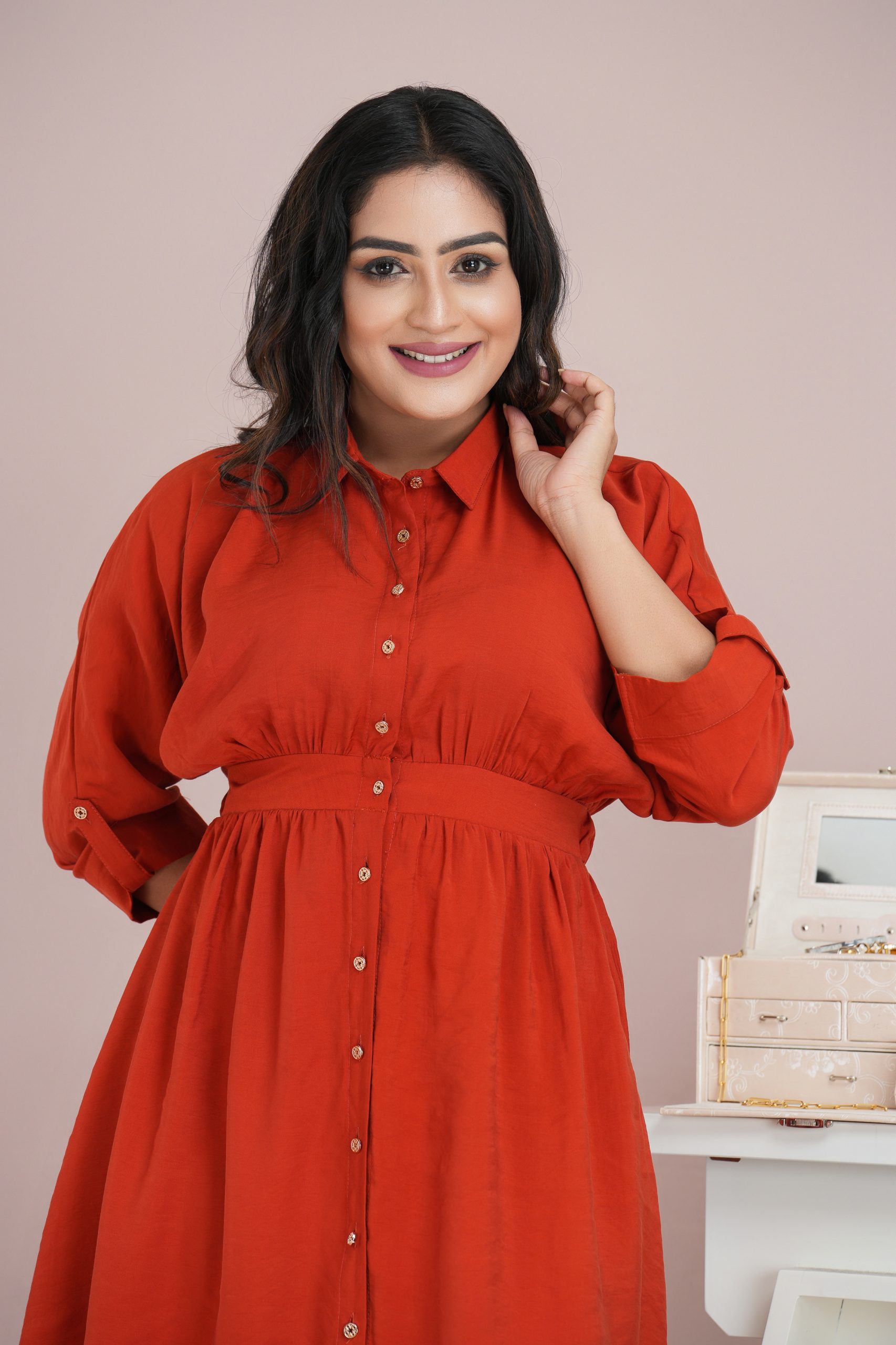Back waist elasticated button up midi shirt dress