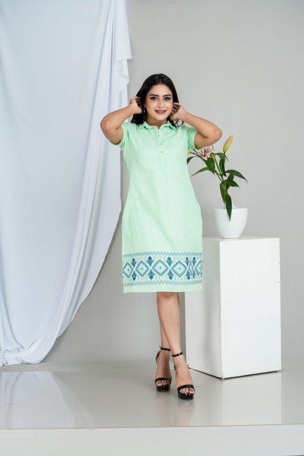 Geometric Embroidered Shirt Collared Short Dress - Image 4