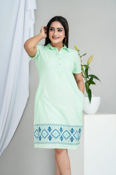 Geometric Embroidered Shirt Collared Short Dress