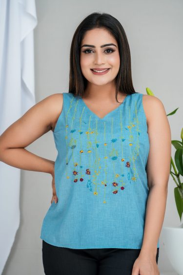 Floral Embroidered Sleeveless V-Necked Top