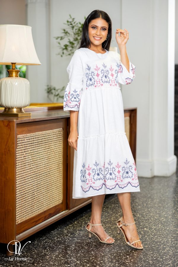 Geometric Floral Embroidered Tiered Midi Dress - Image 3