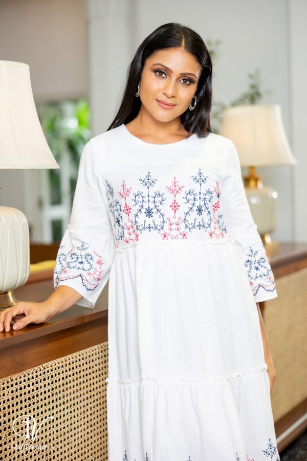 Geometric Floral Embroidered Tiered Midi Dress - Image 4