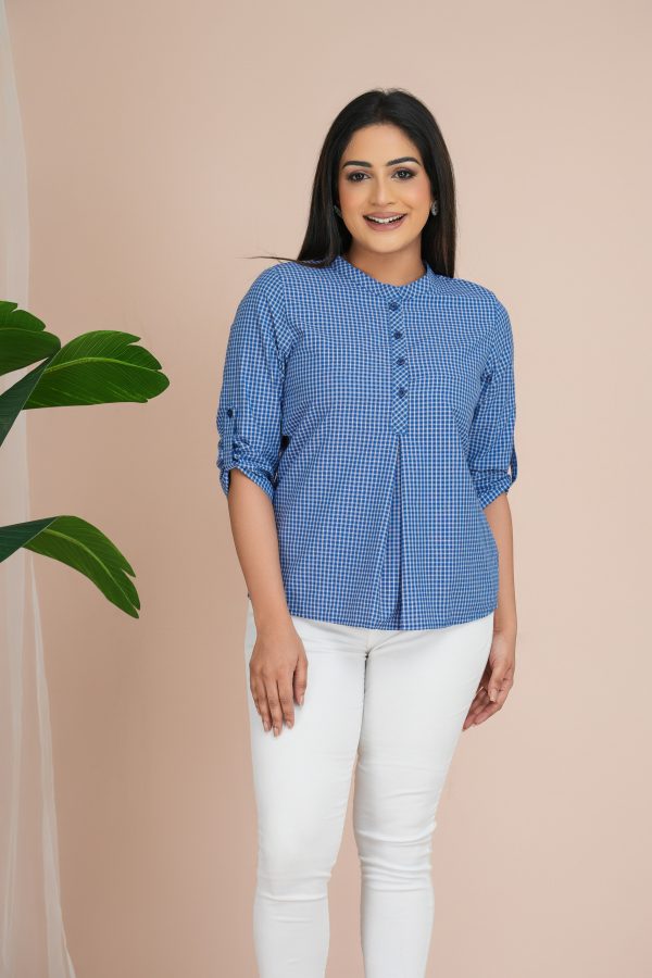 Checked Pleat Detailed Chinese Cllared Top - Image 3