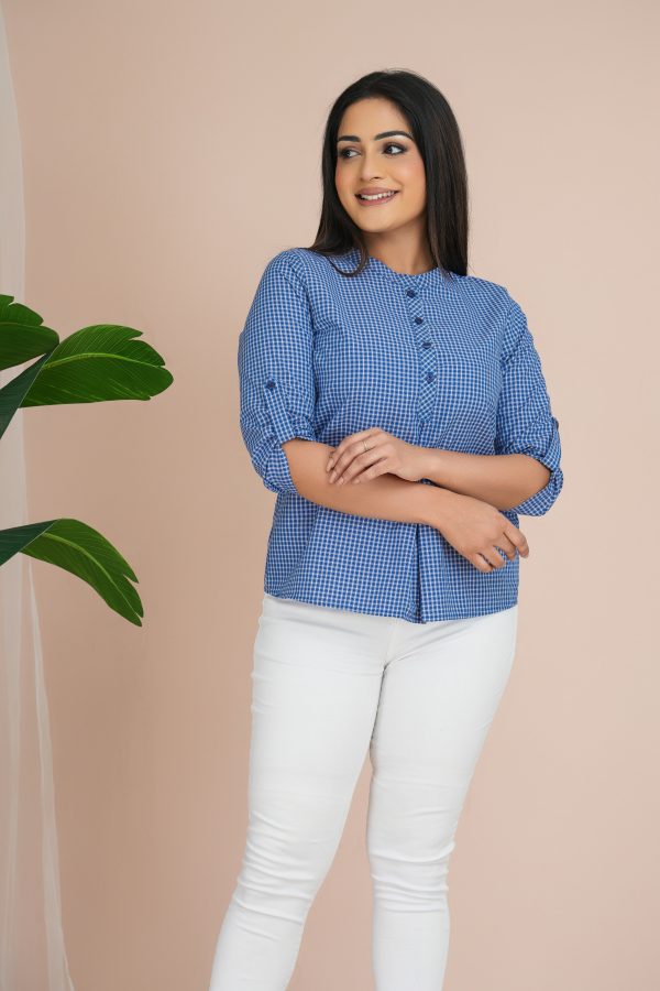 Checked Pleat Detailed Chinese Cllared Top - Image 2