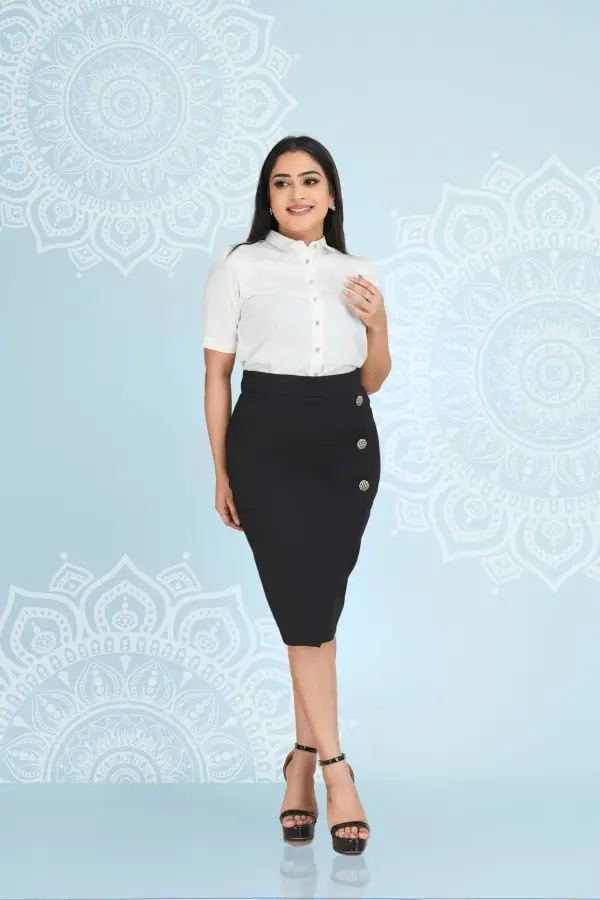 Mock Button  Detailed Asymmetric Pencil Skirt - Image 3