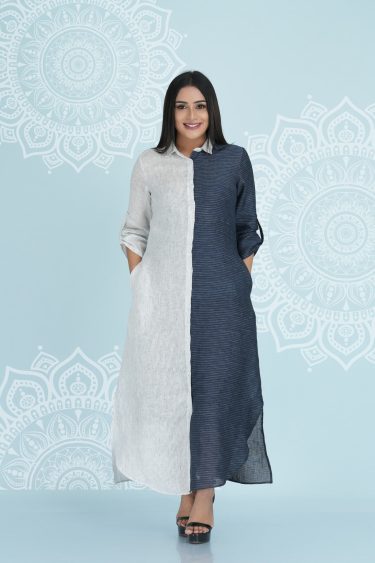 Striped Two-tone Maxi Shirt Dress