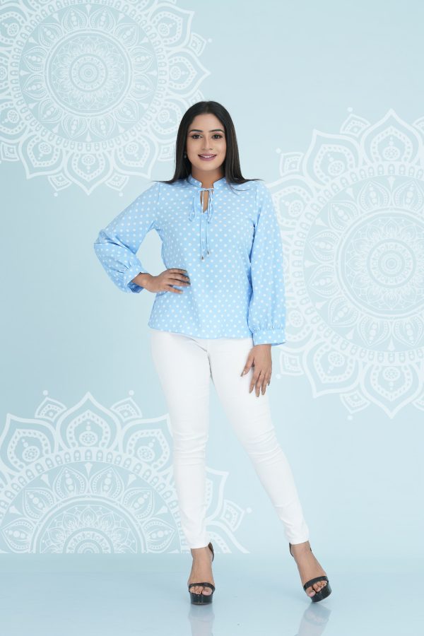 Polka Dot Collar Tie-Up Long Sleeved Top - Image 4