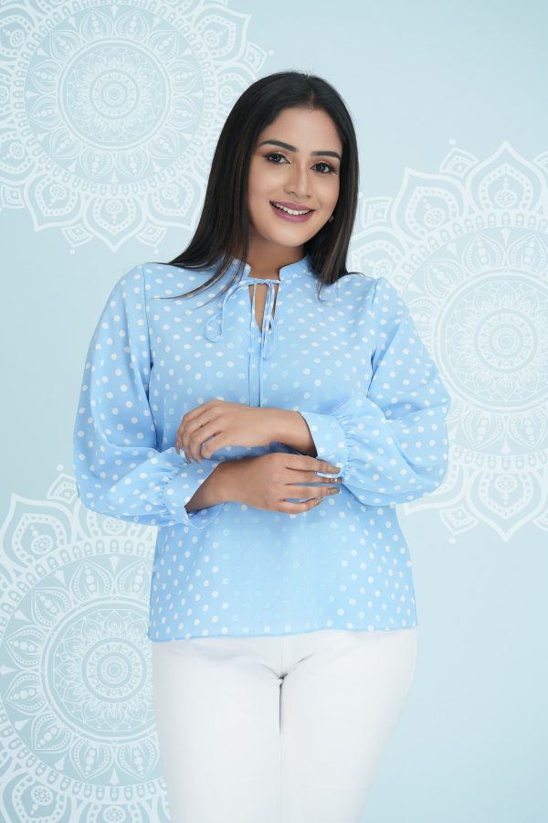 Polka Dot Collar Tie-Up Long Sleeved Top