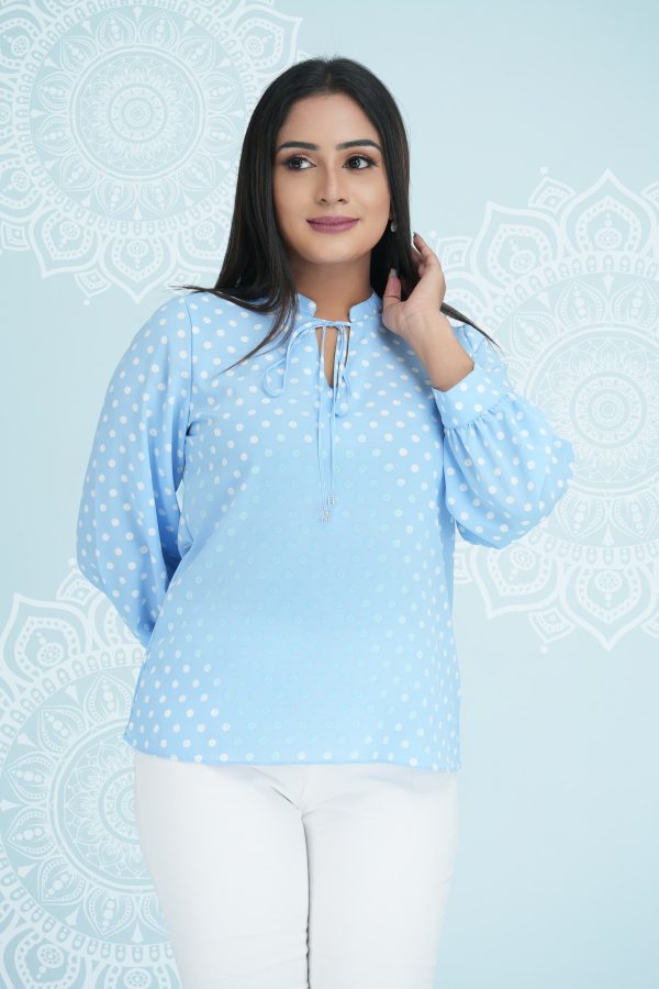 Polka Dot Collar Tie-Up Long Sleeved Top - Image 2