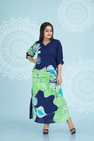 Abstract Floral Printed V-Necked Batik Maxi Dress