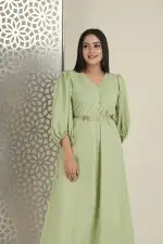 Front pleat detailed belted V-necked maxi dress - Image 4