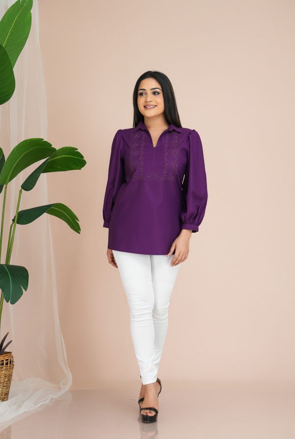 Geometric embroidered shirt collared long sleeved top - Image 4